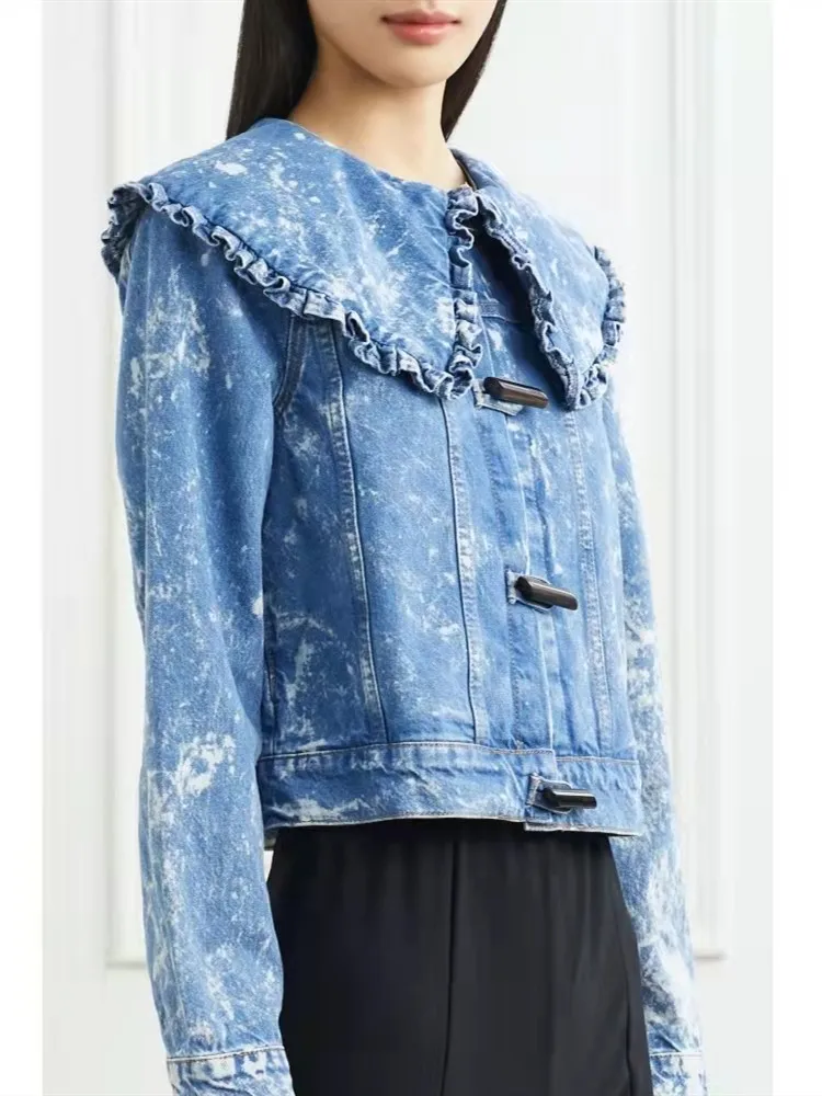 

Women's Denim Coat Tie-dye Peter pan Collar Vintage Ruffles Short Cardigan Single Breasted Jacket