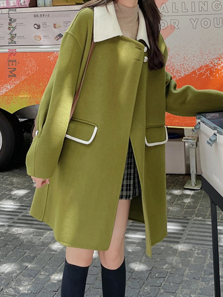 

Женское шерстяное пальто LANMREM, асимметричное однобортное пальто средней длины контрастных цветов в Корейском стиле, новинка зимы 2023, 2AA2831