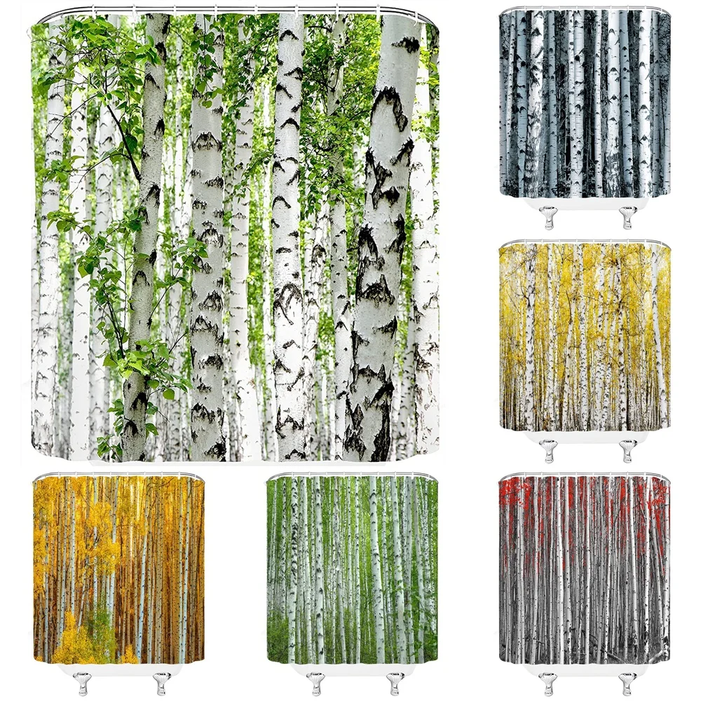 

Birch Tree Shower Curtain Scenery Autumn Forest Trunk Yellow Leaves Deciduous Woodland Nature Landscape Fabric Bathroom Curtains