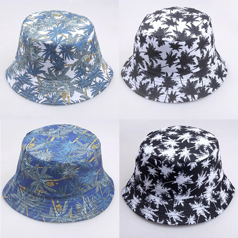 

2022 New Bucket Hats Sun Hat Pot Cap Coconut Tree Printed Fisherman Caps Summer Sun Hats For Women Men Reversible Fishing Cap