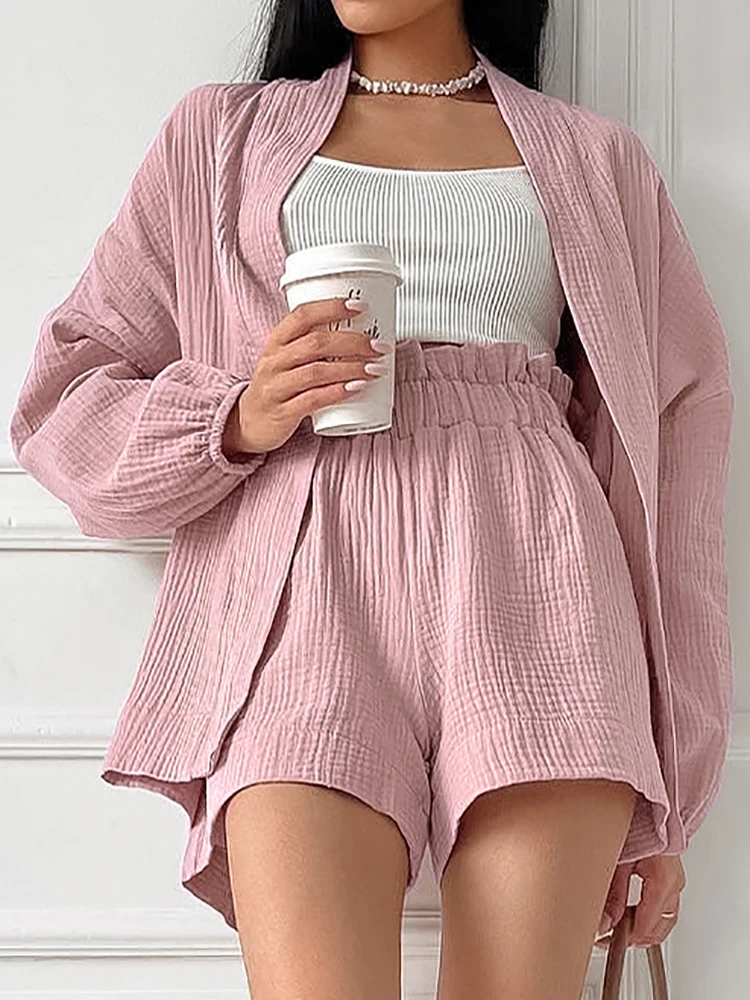 

Повседневные длинные комплекты, женская розовая одежда для сна, костюмы с оборками, пижамы с двумя рукавами для дома, 2022, женская одежда для ...