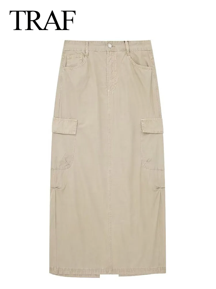 

TRAF Women New Fashion Solid Midi Skirt Single Buttons Pockets Back Split Summer Female Y2K High Waisted Slim Thin Skirts