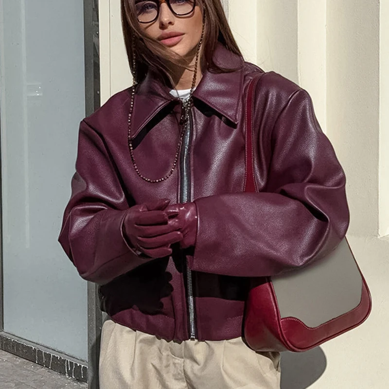 Уличные бордовые куртки из искусственной кожи женские американские винтажные