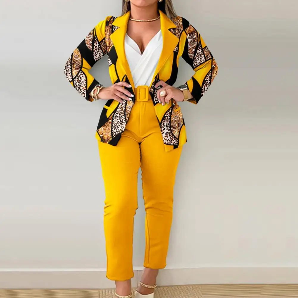 

Женский комплект из двух предметов, элегантный кардиган с принтом, однотонные брюки с поясом и воротником с лацканами, офисный костюм для женщин