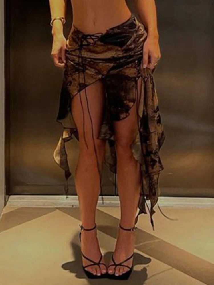 

Lace Up Ruffles Vintage Beach Sexy Skirts Printed Midi Skirts Women Party Asymmetrical Bohemian Vintage Skirts Chic