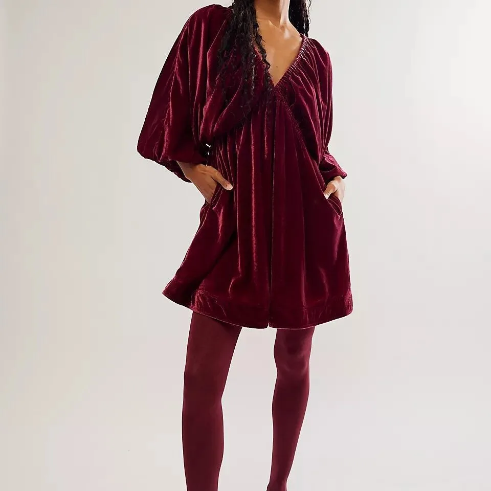 Женское бархатное свободное платье ретро с V-образным вырезом Осеннее Новое