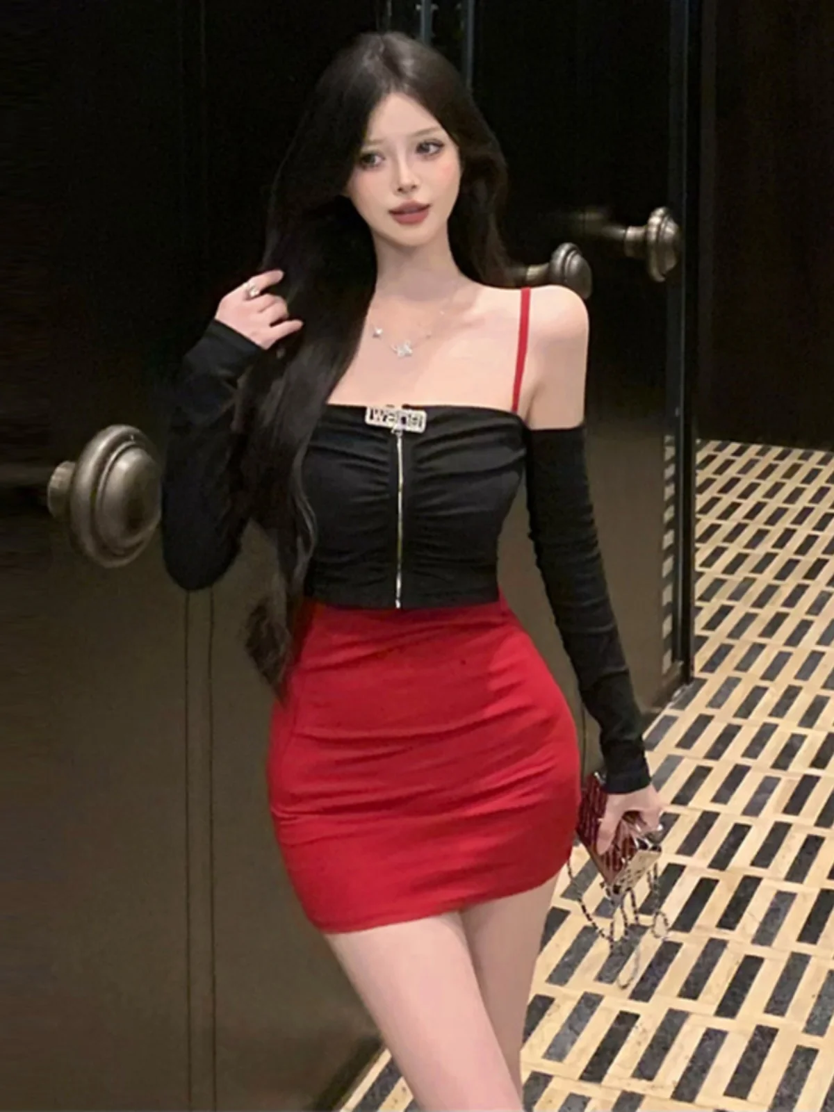 Gege's Online Красный и западный кардиган с открытым вырезом воротником-стойкой