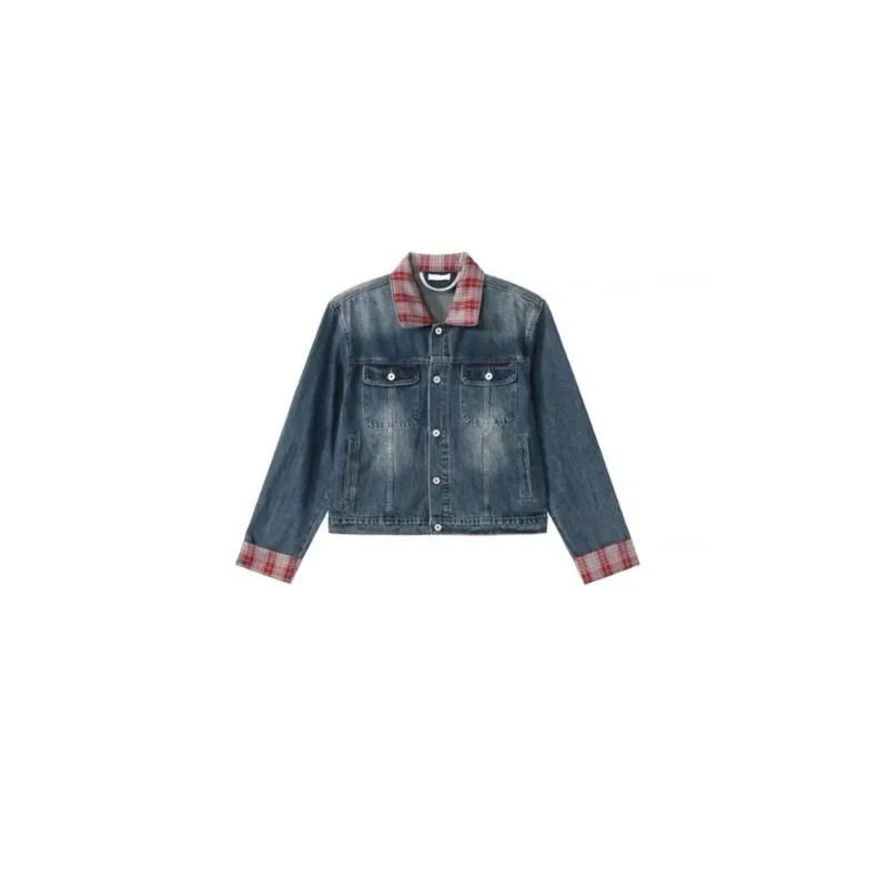 American Retro Plaid Lapel Jeans Jacket Men's Autumn Design Sense Shoulder Padded Splicing Tide