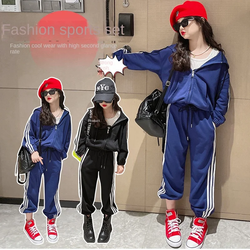 

2022 autumn new girls suit pull strip zipper shirt top trousers Western style two-piece set