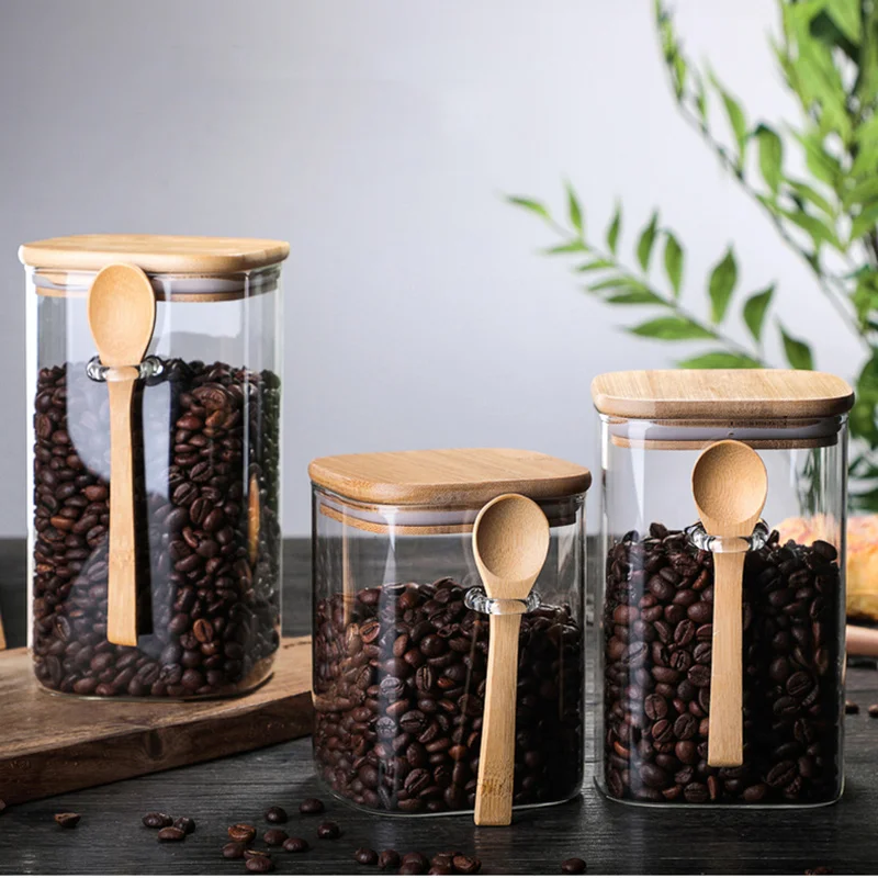 

Condiment Coffee Box Beans Jar Tea Sugar Kitchen Glass Tank With Storage Bottle Sealed Supplies 800ml/1000ml/1200ml Spoon Lid