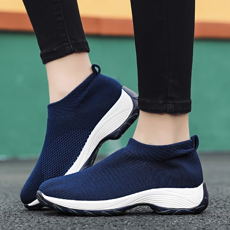 Women Walking Shoes Kintted Chunky Sneakers Cushioned Tennis Shoes Casual Loafers Zapatillas De Mujer Plus Size 45