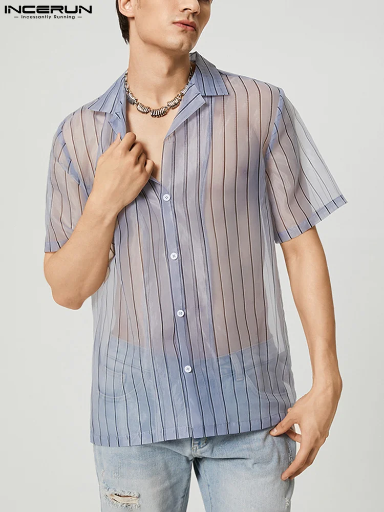 

INCERUN Men Shirt Striped Lapel Short Sleeve Streetwear 202 See Through Fashion Camisas Summer Button Casual Men Clothing S-5XL