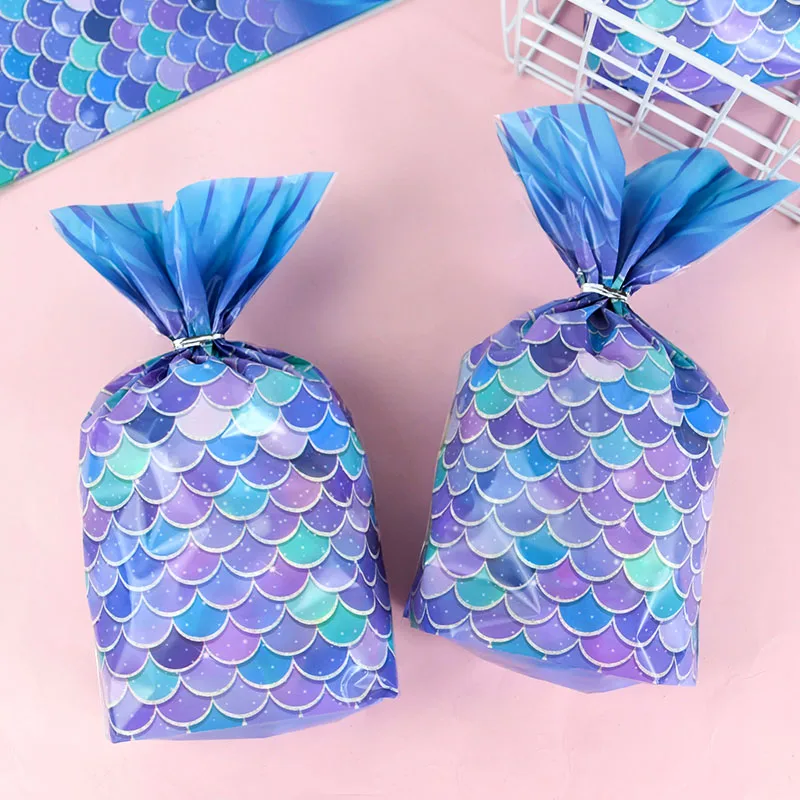 

50pcs Mermaid Gift Bags Wedding Party Mermaid Tail Candy Biscuit Packing Bag Girl Birthday Treat Bag for Guest Baby Shower Decor