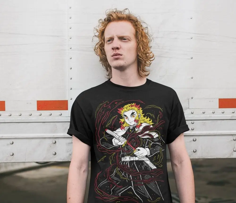 Футболка Kyojuro Rengoku Demon Slayer: Kimetsu no Yaiba Anime Sayaer черная рубашка всех размеров