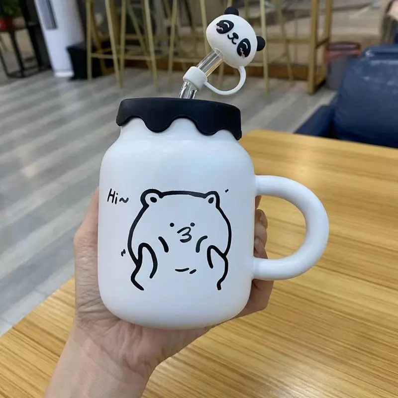 

Kawaii Mug Coffee Cup with Iid and Straw Milk Mugs Water Bottle Korean Ceramic Style Aesthetic Cartoon Office Free Shipping