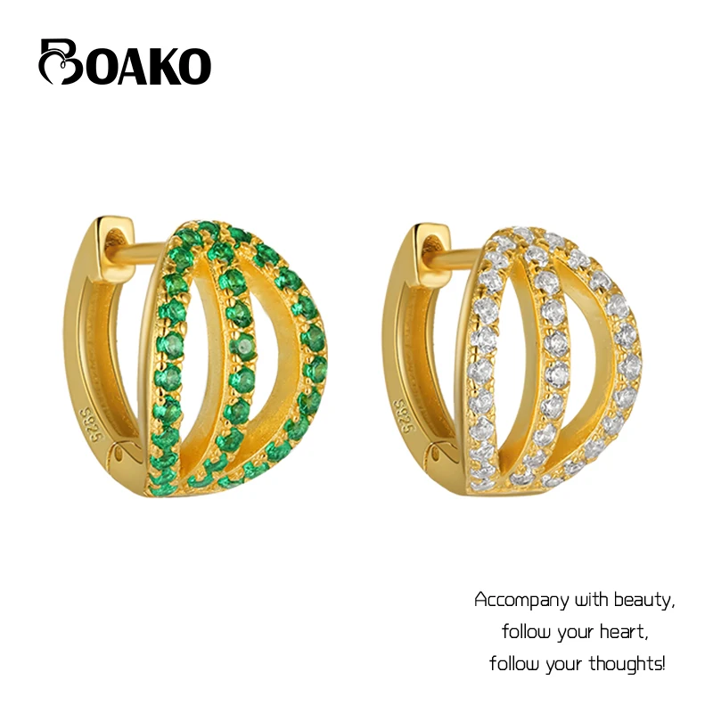 

Женские Геометрические серьги-кольца BOAKO, трехрядные серьги из серебра 925 пробы с цирконием и вырезами, ювелирные украшения