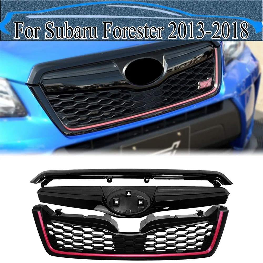 

For Subaru Forester 2013-2018 Upper Bumper Grille Racing Grills GLoss Black W. Red Strip ABS Sti Style Front Grill Mesh Kit