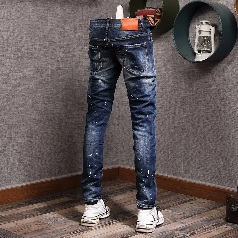 High Street Fashion Men Jeans Retro Blue Elastic Slim Fit Ripped Jeans Men Buttons Trousers Vintage Designer Brand Pants Hombre