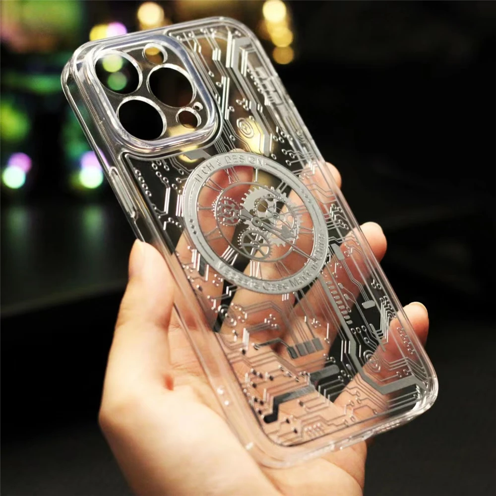Luxury Plating Gold Clear Magnetic For Magsafe Wireless Charger Case For iPhone 14 13 12 Pro Max Gilt Mechanical Watch Cover