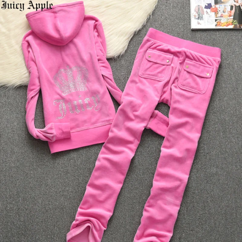 Juicy Apple Tracksuit Women Fashion Casual Velvet Two Piece Set Woman Sexy Zipper Hooded Long Sleeve Top And Pants Sportwear Y2k