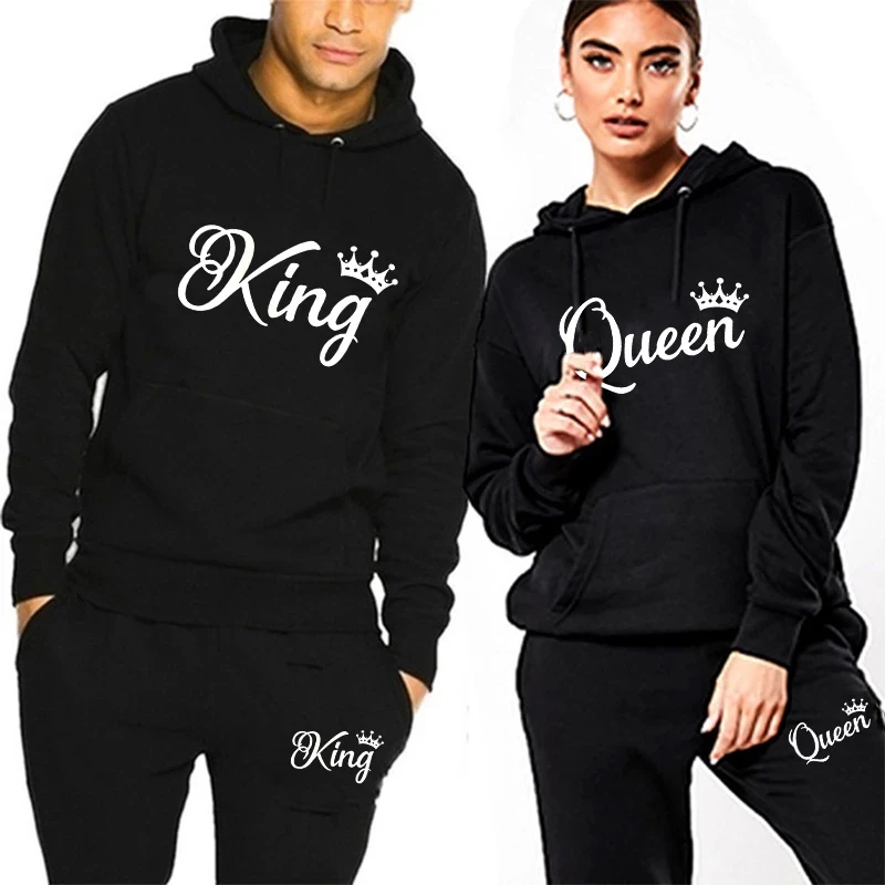 

Newest KING QUEEN Printed Sportwear Fashion All-match Hooded Pullover Autumn And Winter Couple Hoodie + Sweatpants 2-piece Suit