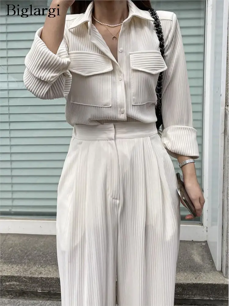 

Женский вельветовый комплект из 2 предметов, Повседневная Корейская рубашка с длинным рукавом и свободные брюки с широкими штанинами и высокой талией, осень 2023