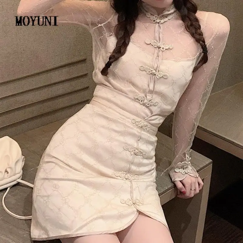 

Vintage 3piece Sets Slim Long Sleeve Cheongsam Top Lace Bottom Shirt Mini Irregular Skirt Chinese Style Sexy Elegant