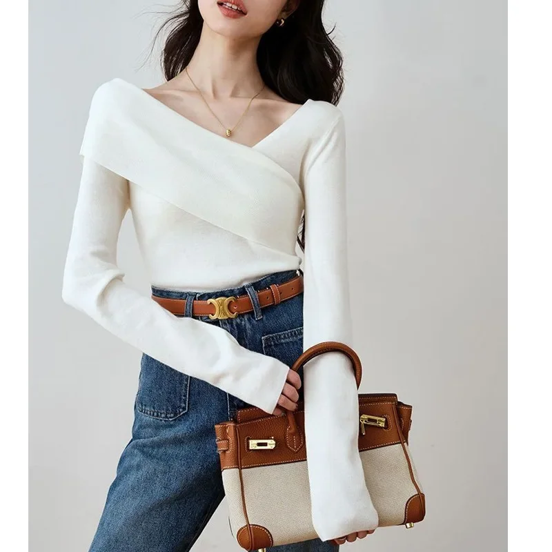 Вязаный топ для похудения во французском стиле с открытыми плечами новинка весны