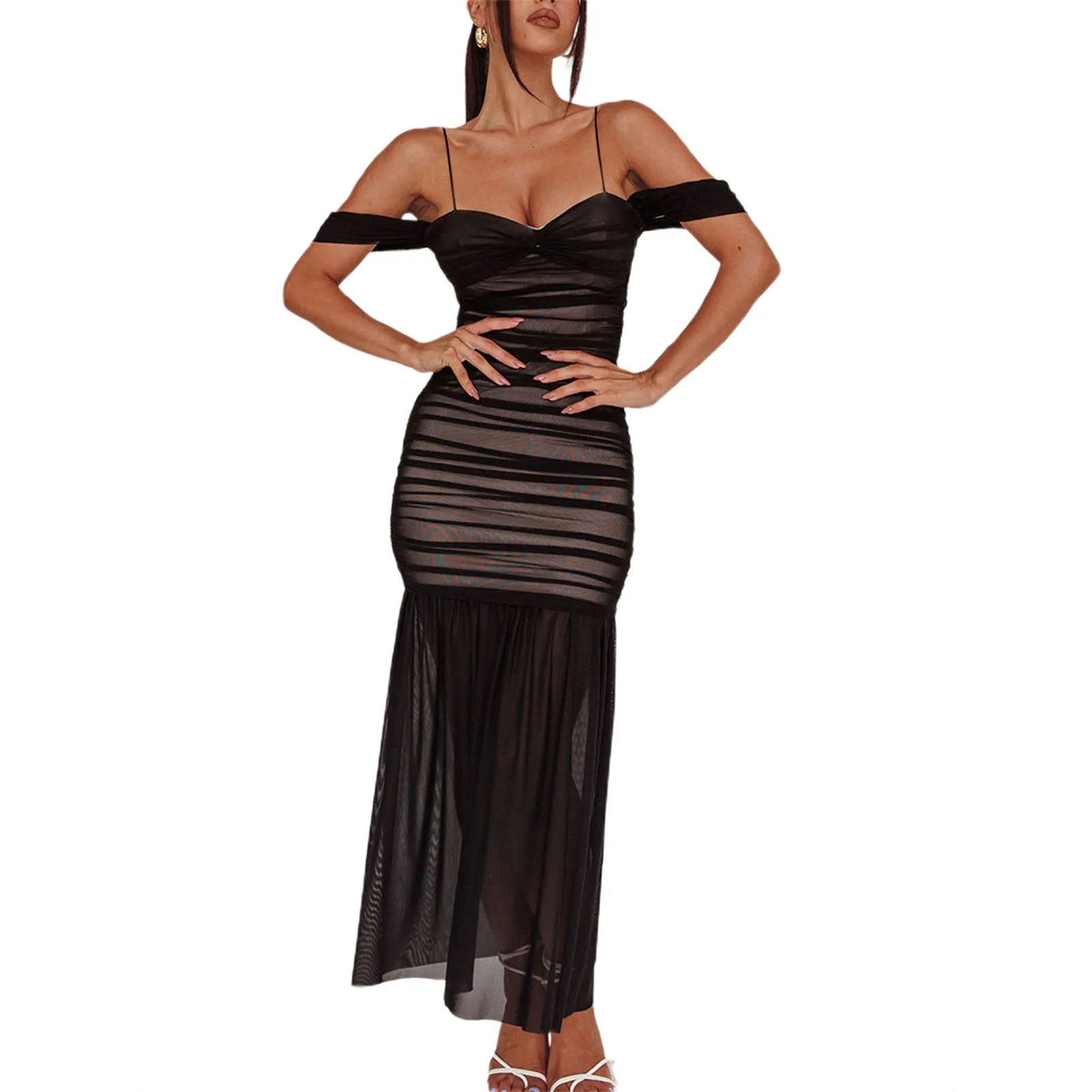 

Women Sexy Slip Mesh Slim Long Dress Spaghetti Straps Backless Pleated Tulle Dress Summer Cocktail Party Dress
