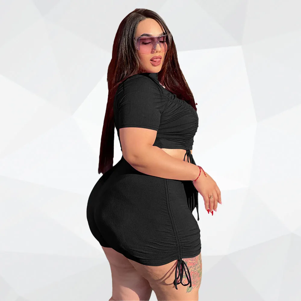 

New Plus Size Two Piece Set Women's Short Sets Solid Top Bandage Sexy Suit Summer 2022 Matching Sets Wholesale Dropshipping