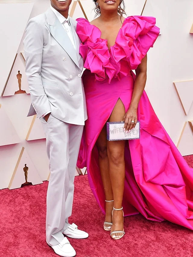 

Женское вечернее платье с V-образным вырезом, платье с открытыми плечами и оборками, с высоким разрезом, в стиле Звезд, для вечевечерние, 2022