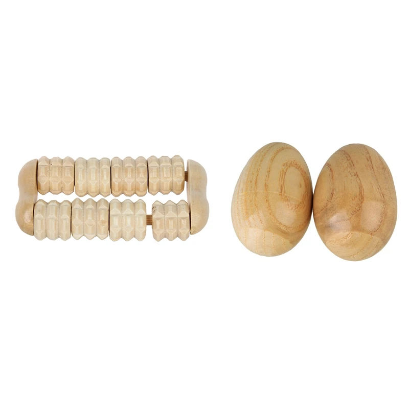 

-1Pcs Foot Arm Care Relax Wood Dual Rows Roller Massager & 2Pcs Musical Percussion Instruments Wooden Egg Shakers Rhythm Rattle
