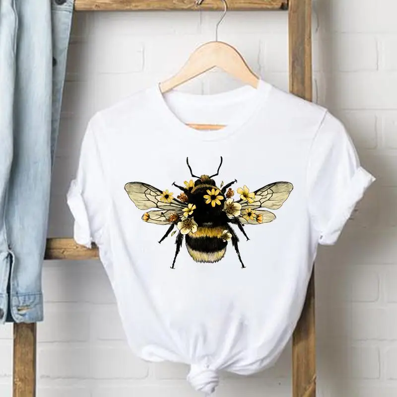 Топ с коротким рукавом, милая Повседневная футболка с цветочным принтом пчелы, женская одежда, модная футболка, летняя женская футболка, жен...