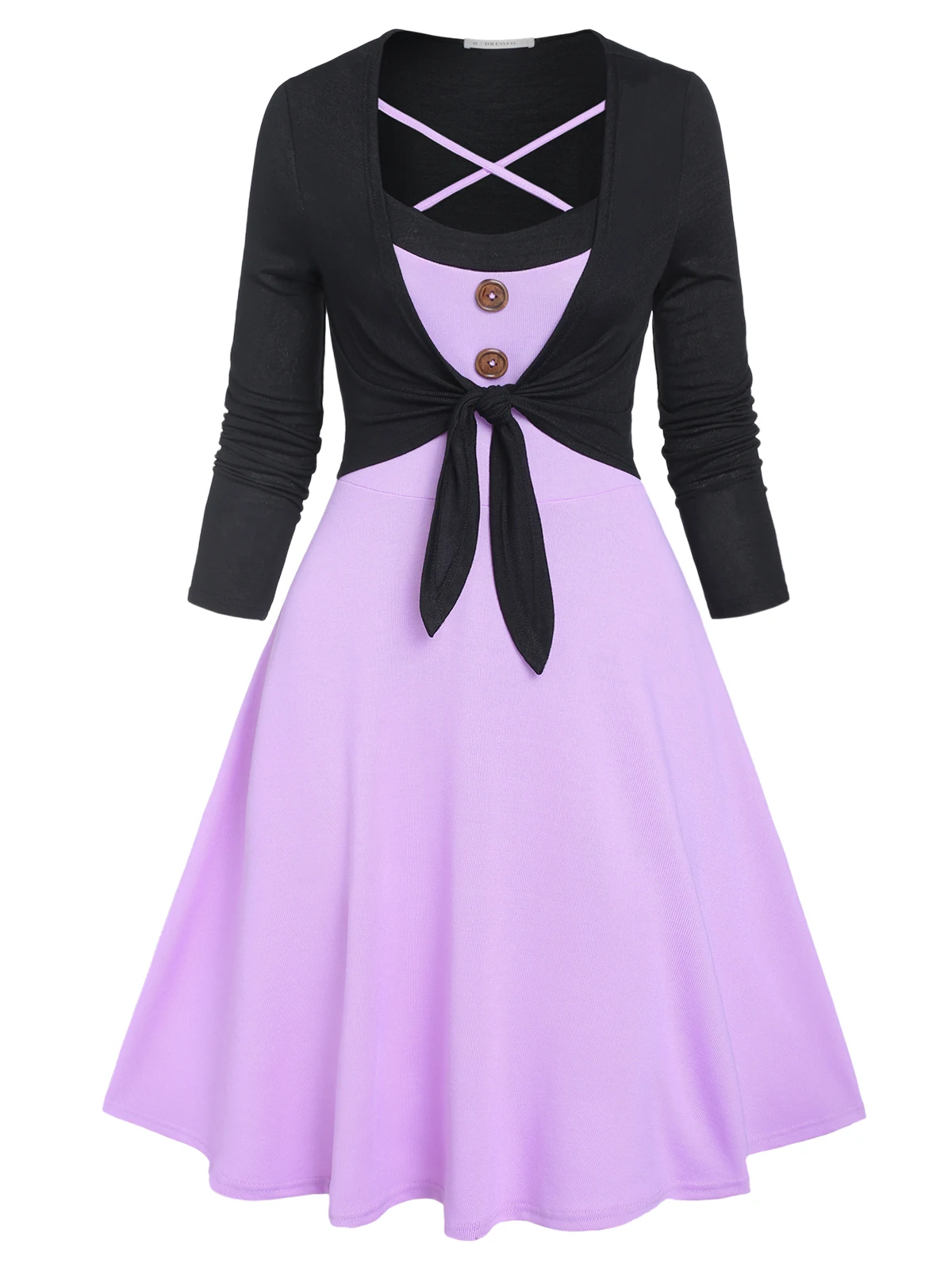 

Crisscross Knee Length Dress and Tie Knot Top Set Vintage A Line Twinset Fit and Flare Full Sleeve Female Dresses