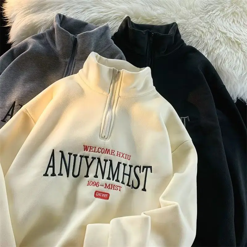 

ALANOS Half-zipper Autumn Winter Swearshirt for Woman Turtleneck Embroidery Pullovers Casual Loose Hip-hop Sweater Fleece Tops