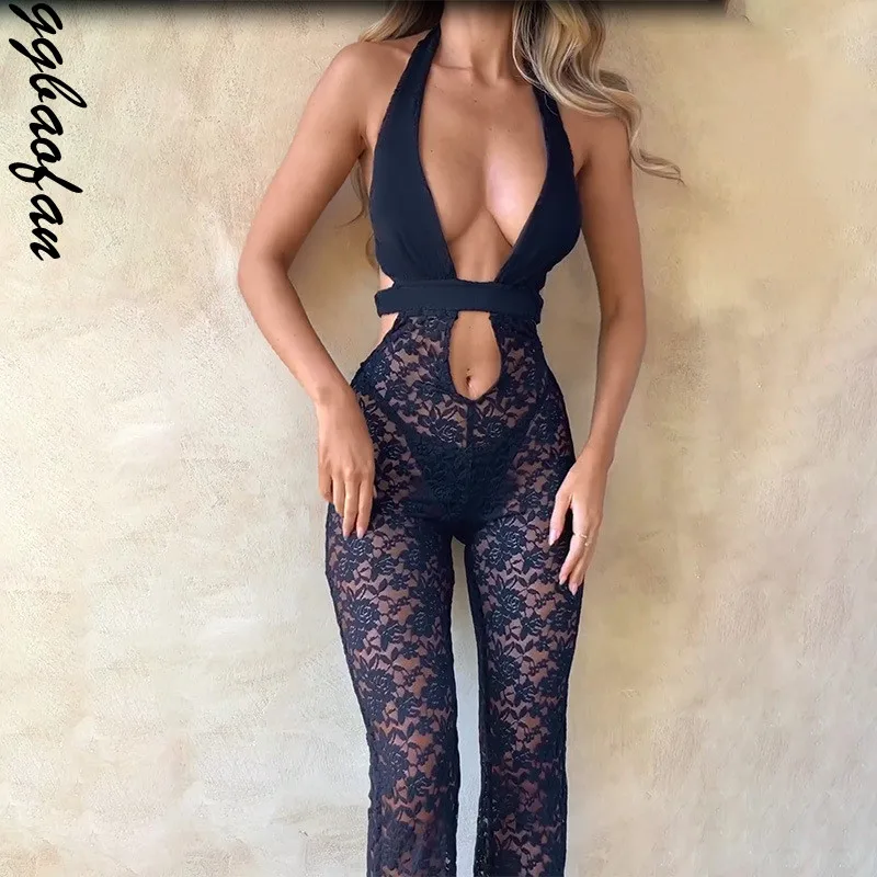 

Ggbaofan Fashion Halter Sexy Cut Out Lace Jumpsuits Rompers Outfits One Piece Backless Bodycon Jumpsuit Overalls Flare Pant