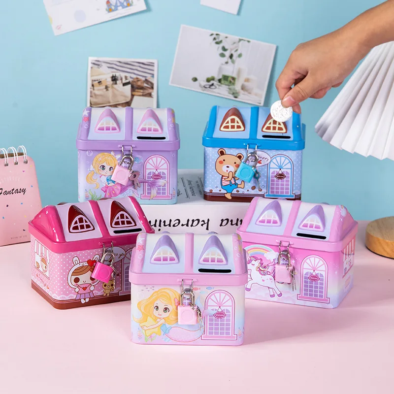 

Cute Small Unicorn Tinplate House Boys and Girls Piggy Bank Children's Cartoon House Savings Change Coins Storage Box with Lock