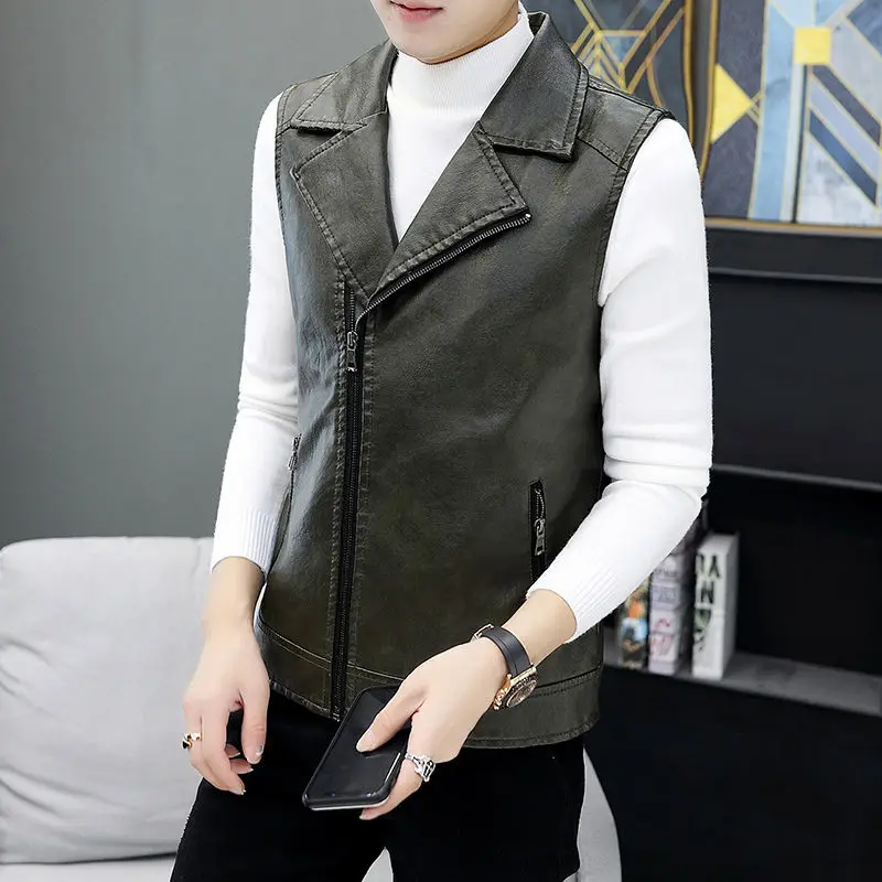 

Vest Men Winter Casual Waistcoat Men Faux Leather Fashion Slim Vest Classical Vintage European Style New Men's Down Warm E39