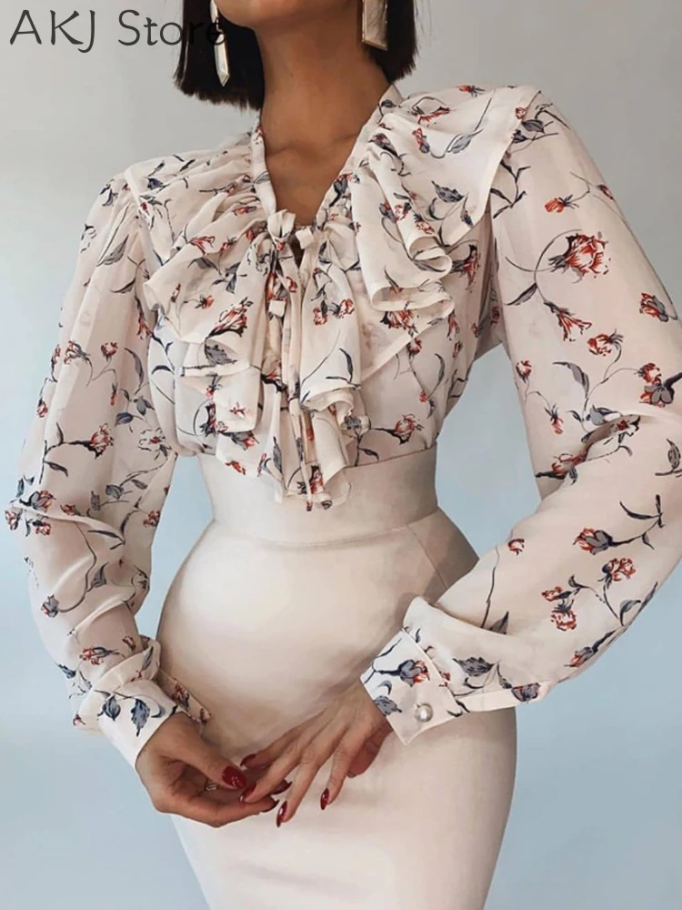 

Floral Print Ruffle Hem Lantern Sleeve Top Blouses