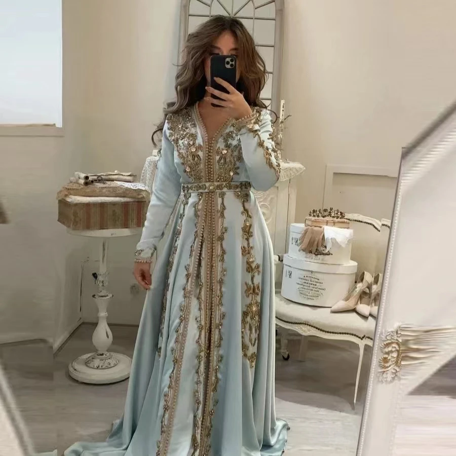 

Moroccan Kaftan Caftan Muslim Chiffon V-neck Evening Dresses A-line Long Sleeves Applique Dubai Arabic Turkey Abaya Prom Dresses