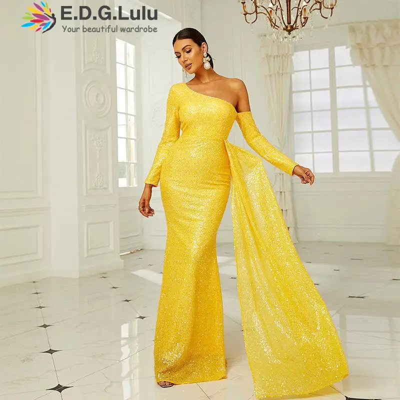 

EDGLuLu длинное платье с асимметричным воротником на одно плечо с желтыми блестками для дня рождения для женщин элегантное вечернее платье с д...