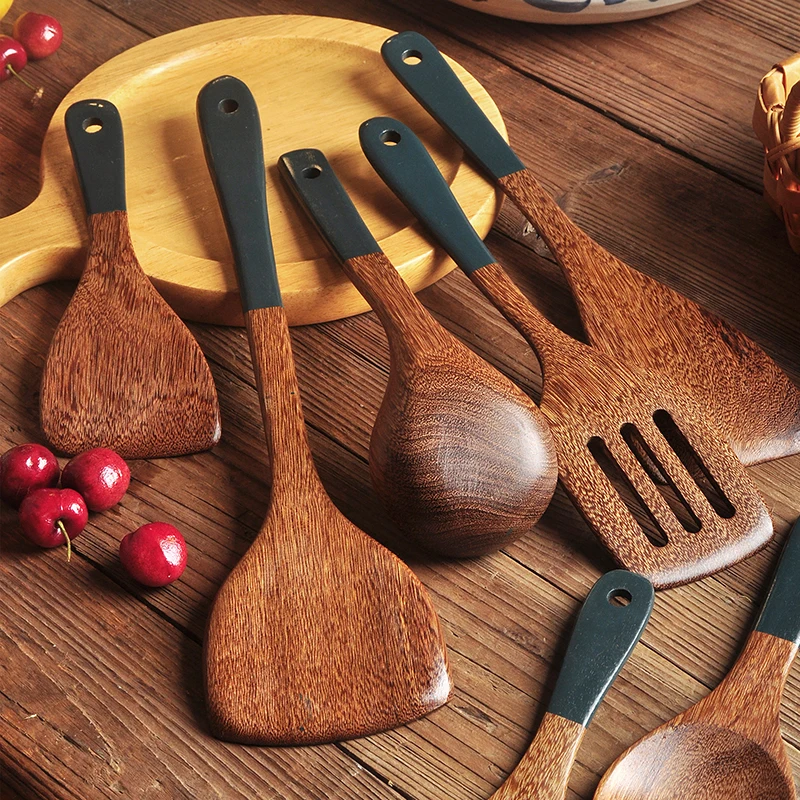 

2022 New Wooden Long-handled Spatula Wood Creative Dark Green Handle Cooking Kitchenware Non-stick Soup Rice Spoon Wholesale