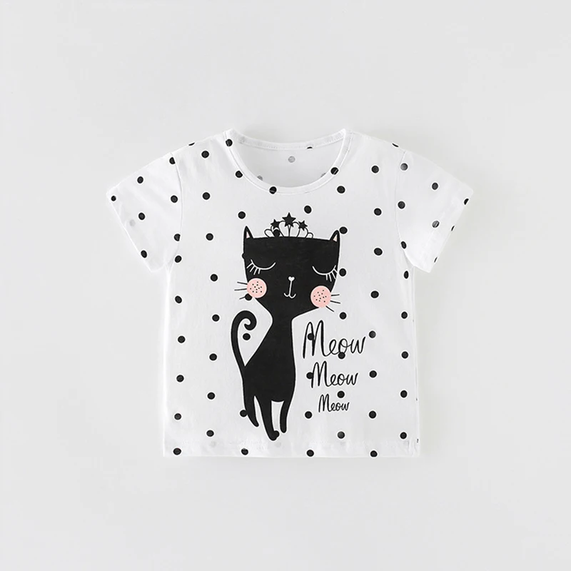 Girl Kid Children T-shirt 2023 spring Summer Cartoon cat Short-sleeved 100% Cotton round neck bottoming shirt