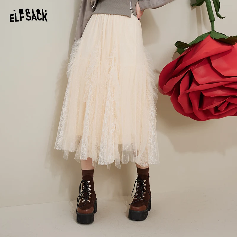 ELFSACK Spliced Lacy Skirt Women 2022 Autumn/Winter Fleece Elegant Bottom