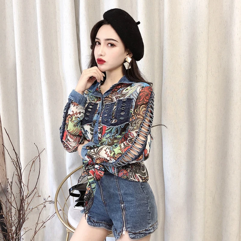 Шикарные женские шифоновые джинсовые рубашки в стиле пэчворк топы с дырками и