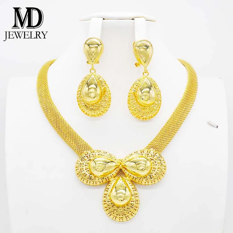 

Комплект бижутерии с золотым покрытием для женщин, висячие серьги и ожерелье и браслет, комплект из 2 предметов для свадьбы, подарки для неве...