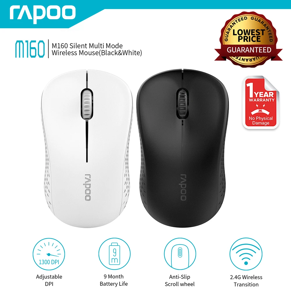 

Rapoo M160G Multi-mode Silent Wireless Mouse Switch 3 Devices with 1300DPI Bluetooth 3.0/4.0 RF 2.4GHz for Computer Laptop