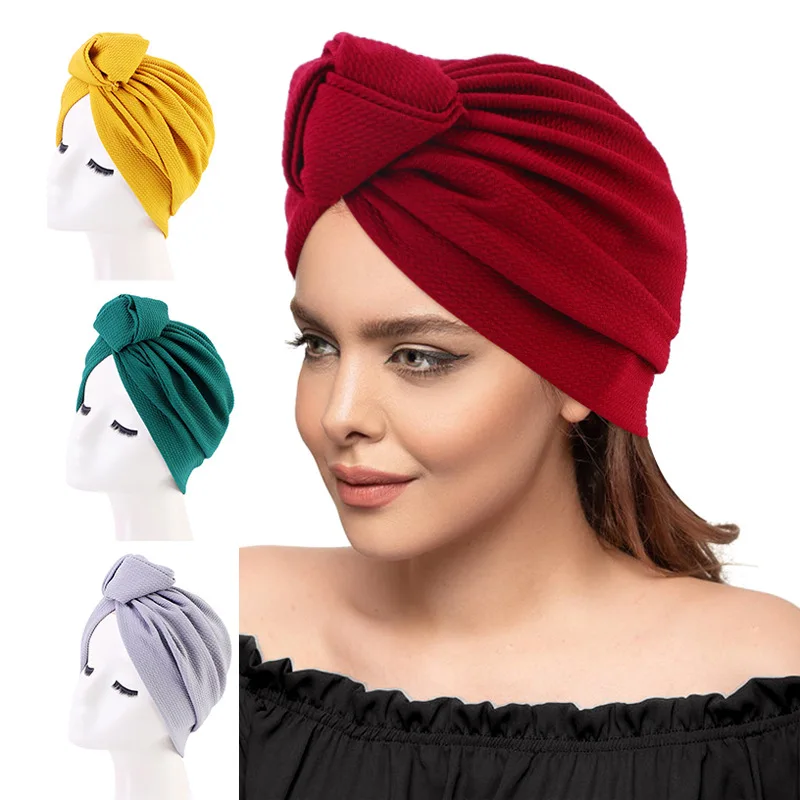 

New Women Top Knotted Turban Bonnet Head Wraps India Hat Muslim Ready to Wear Hiajbs Musulman Turbante Mujer Hair Accessories