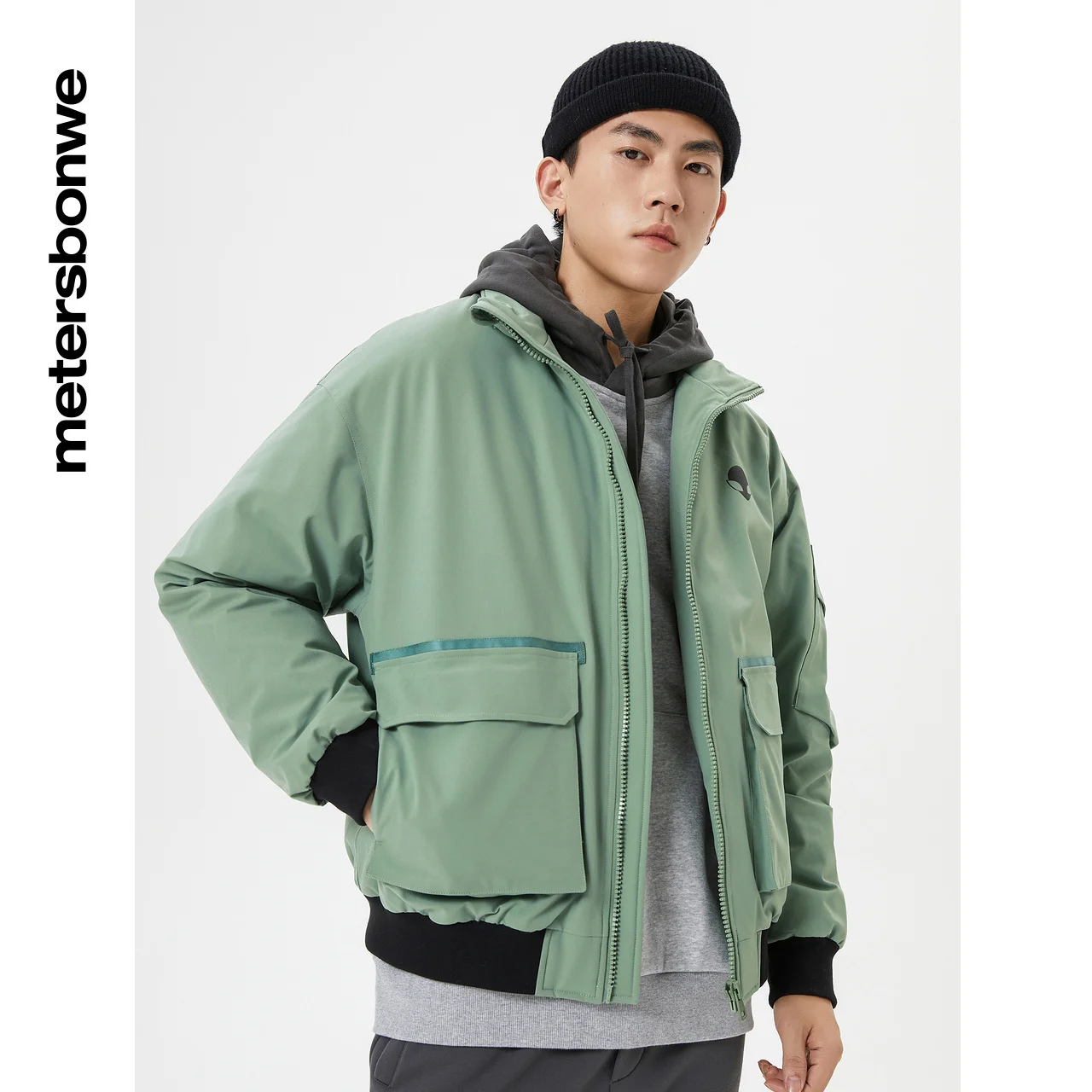 Metersbonwe Stylish Stand Collar Cropped Down Jackets Men 80%Duck Down Solid Color Loose Big Pockets Winter Cargo Warm Wear