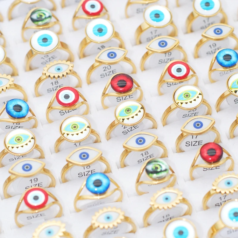 

Wholesale 30/50pcs Gold Plated Gothic Evil Eye Rings No Fade Size 17-21 Women Men Punk Hip Hop Personality Lovers Jewelry Gifts